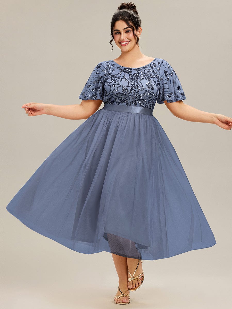 Round Neck Sequin Ruffle Sleeve Dress #color_Dusty Blue