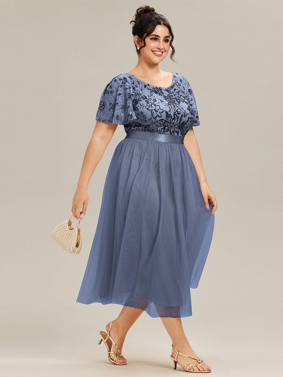 Round Neck Sequin Ruffle Sleeve Dress #color_Dusty Blue