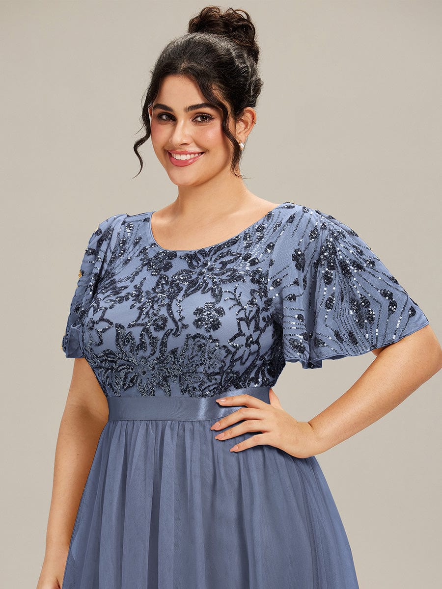 Round Neck Sequin Ruffle Sleeve Dress #color_Dusty Blue