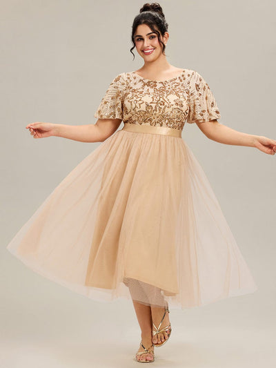 Round Neck Sequin Ruffle Sleeve Dress #color_Gold