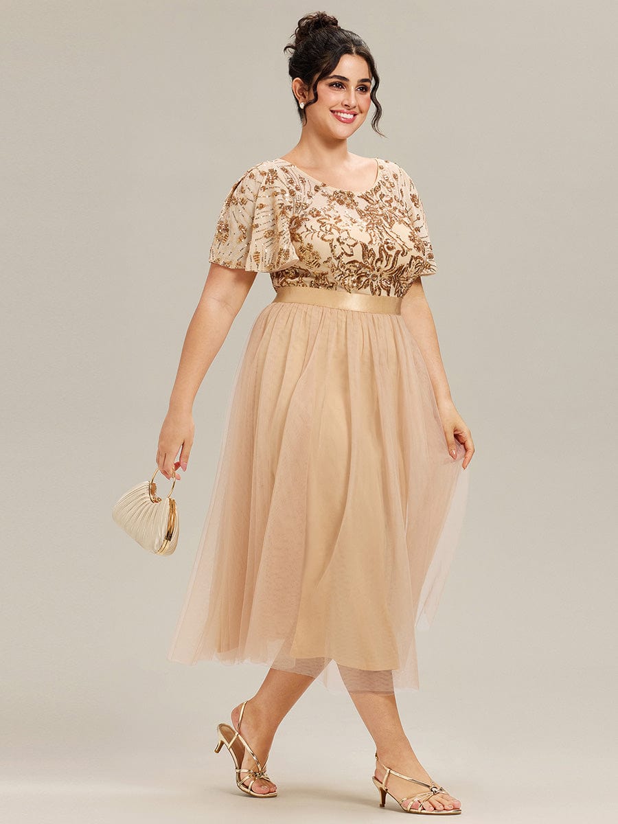 Round Neck Sequin Ruffle Sleeve Dress #color_Gold
