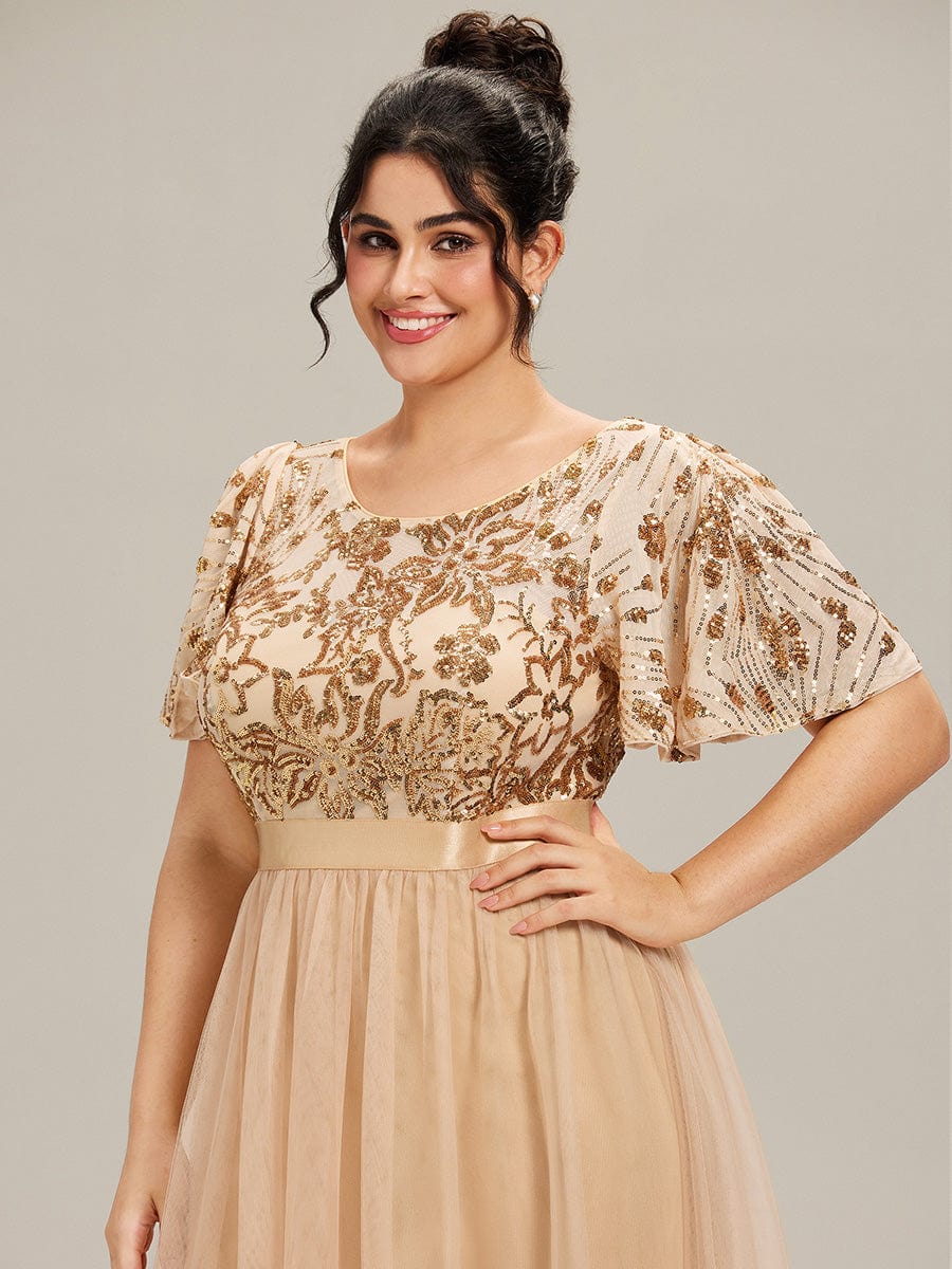 Round Neck Sequin Ruffle Sleeve Dress #color_Gold