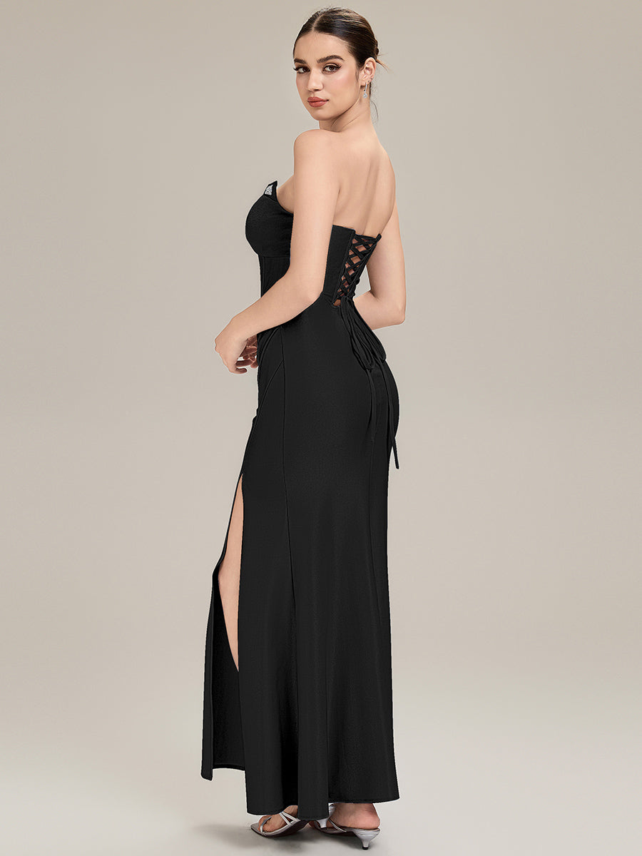 Tie-Front Knit Sleeveless Evening Dress #color_Black