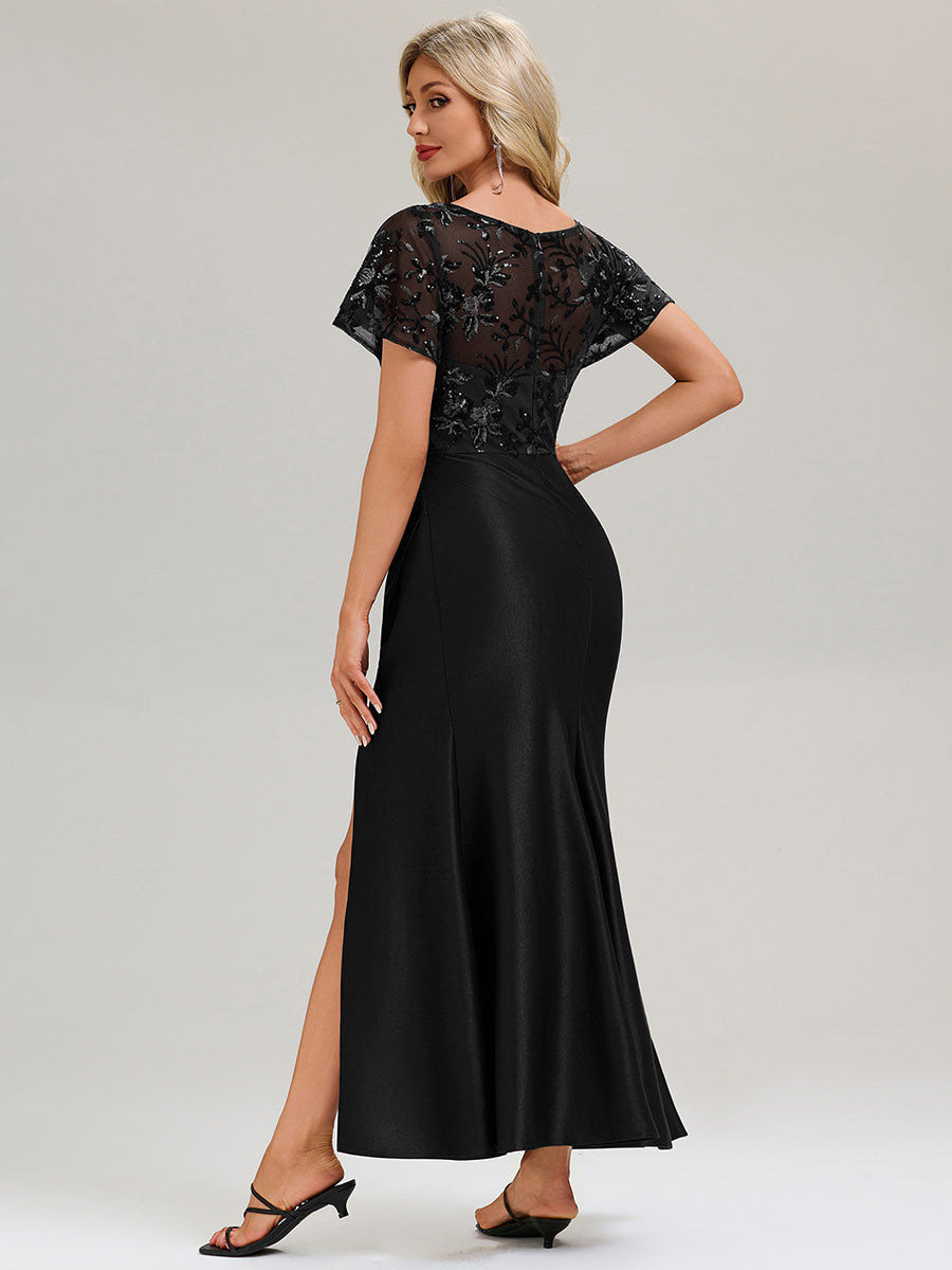 Thigh-High Slit Sequin Ruffle Sleeve Evening Dress