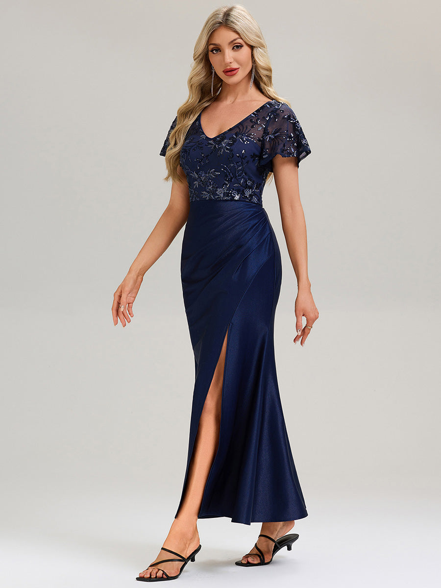 Thigh-High Slit Sequin Ruffle Sleeve Evening Dress