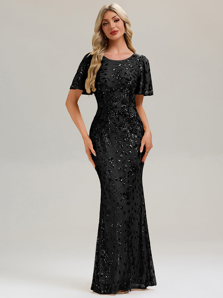 Backless Sequin Ruffle Sleeve Evening Dress