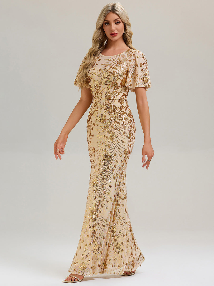 Backless Sequin Ruffle Sleeve Evening Dress