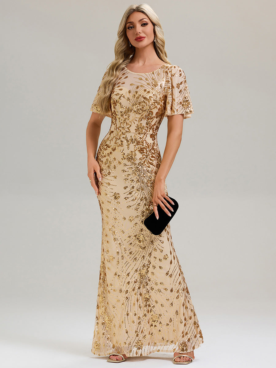 Backless Sequin Ruffle Sleeve Evening Dress