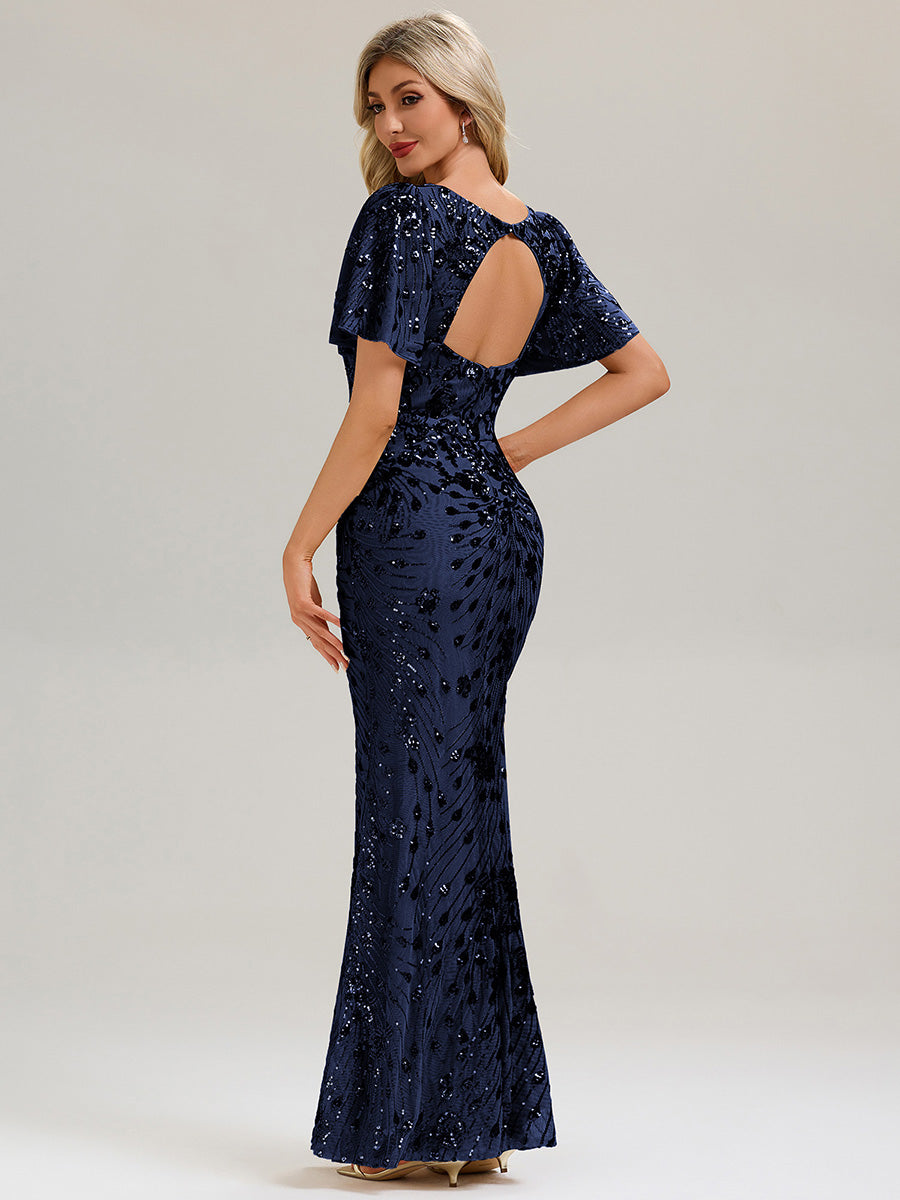 Backless Sequin Ruffle Sleeve Evening Dress