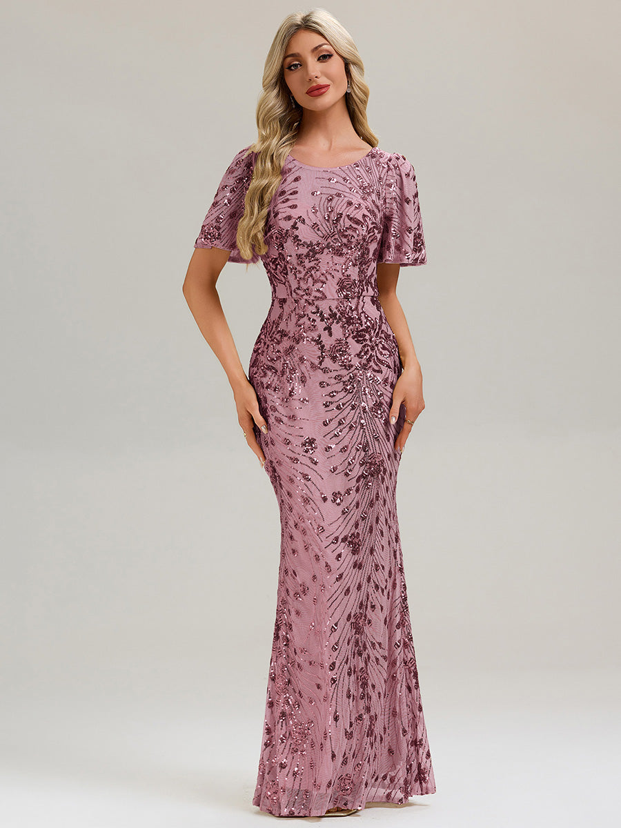 Backless Sequin Ruffle Sleeve Evening Dress