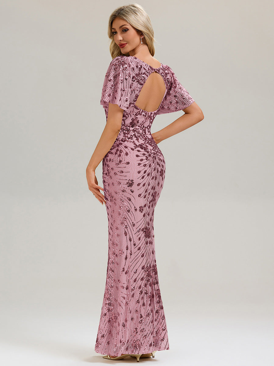 Backless Sequin Ruffle Sleeve Evening Dress