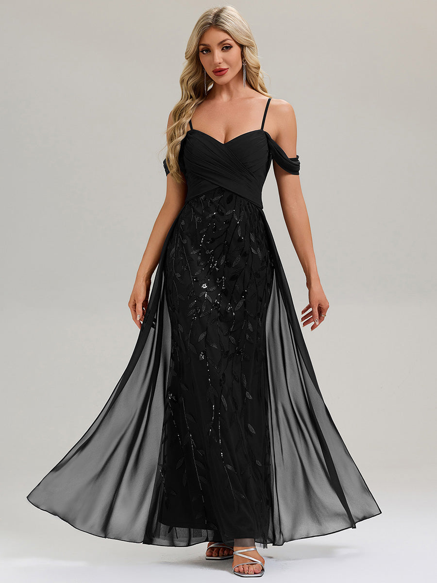 Flowing Ribbons Sequin Sleeveless Evening Dress