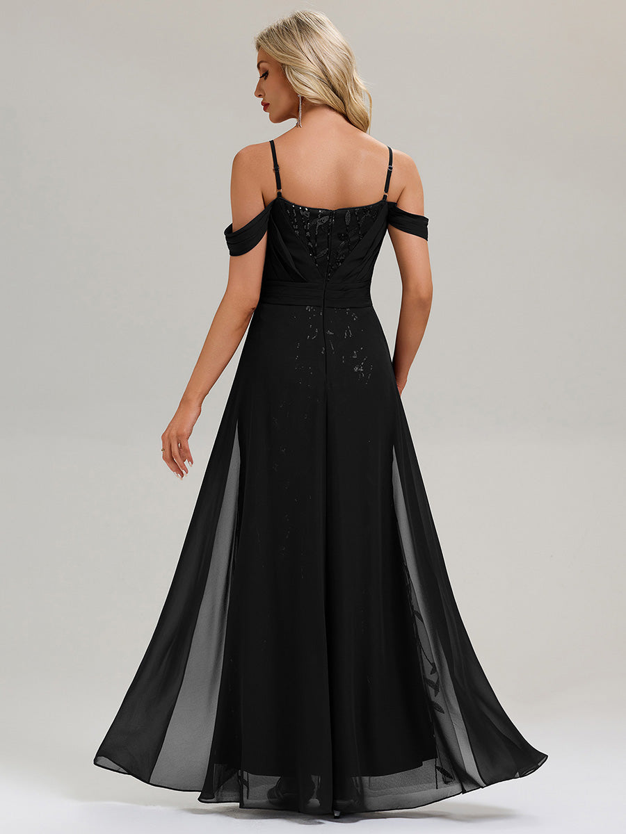 Flowing Ribbons Sequin Sleeveless Evening Dress