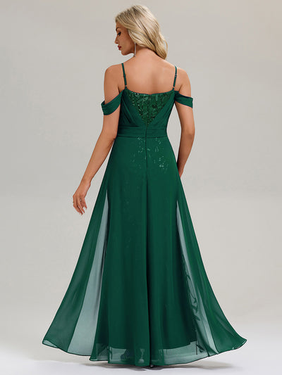 Flowing Ribbons Sequin Sleeveless Evening Dress #color_Dark Green