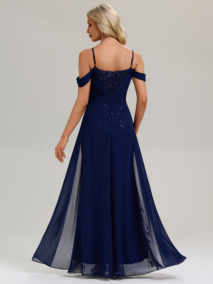 Flowing Ribbons Sequin Sleeveless Evening Dress