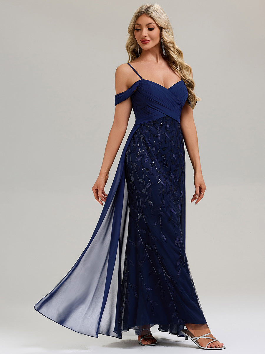 Flowing Ribbons Sequin Sleeveless Evening Dress