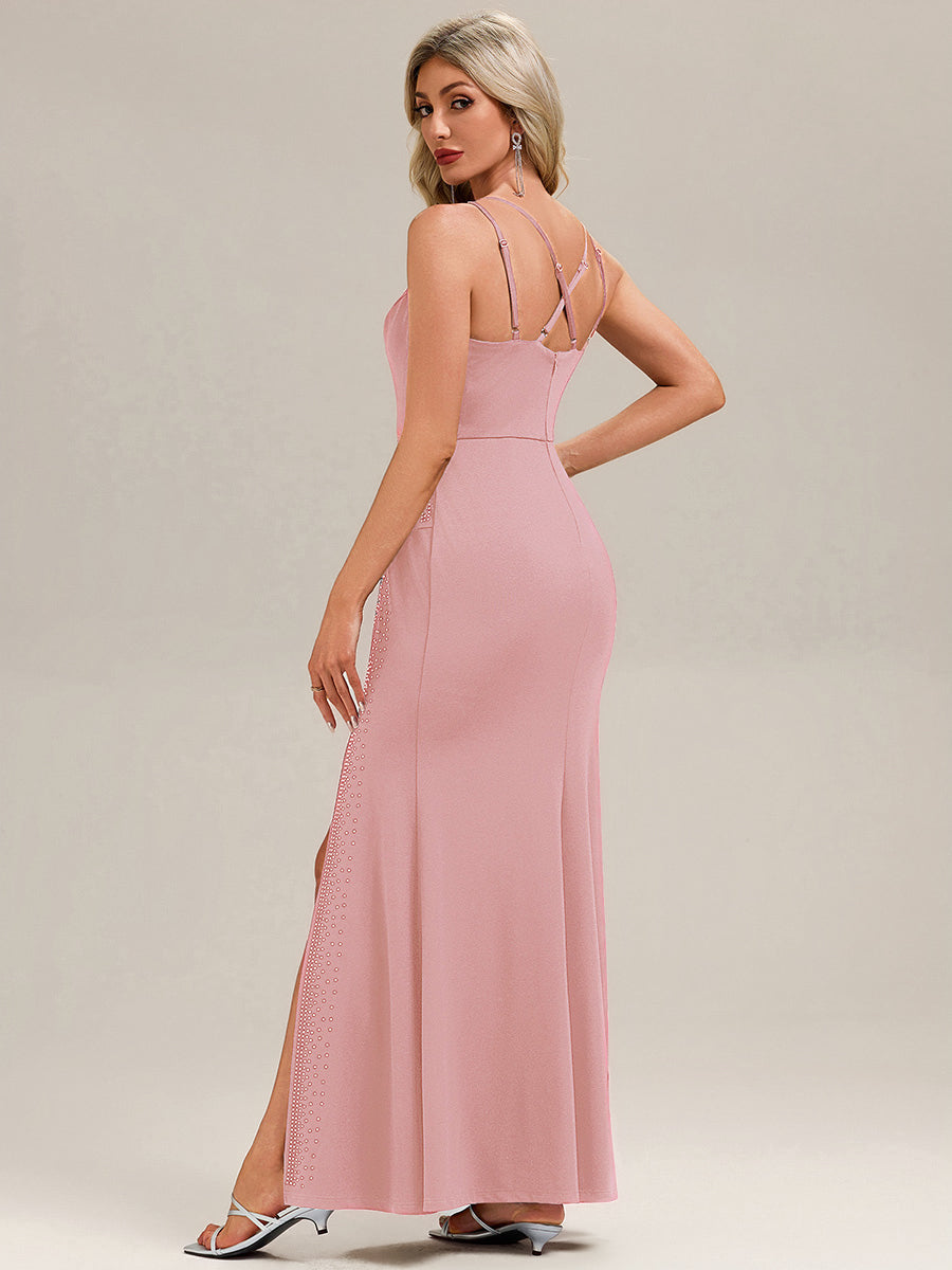 Thigh-High Slit Knit Sleeveless Evening Dress #color_Dusty Rose