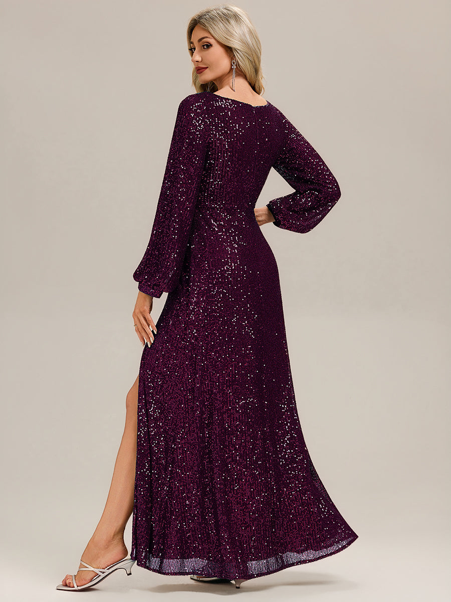 Deep V-Neck Sequin Lantern Sleeve Evening Dress