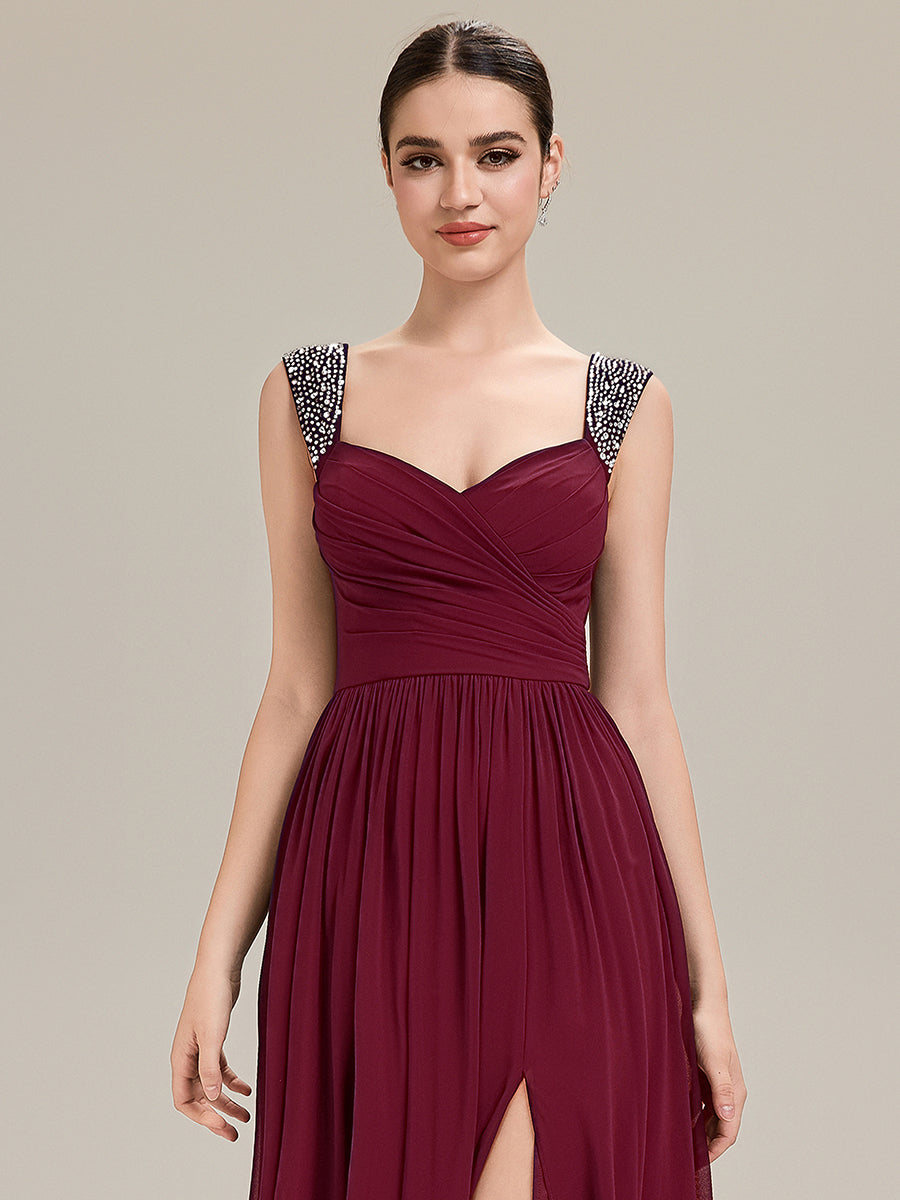 Gathered Chiffon Sleeveless Evening Dress #color_Burgundy