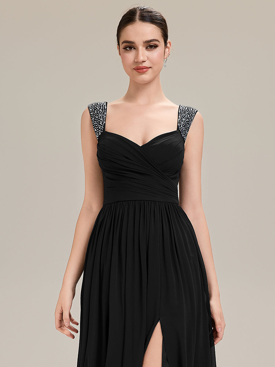 Gathered Chiffon Sleeveless Evening Dress #color_Black