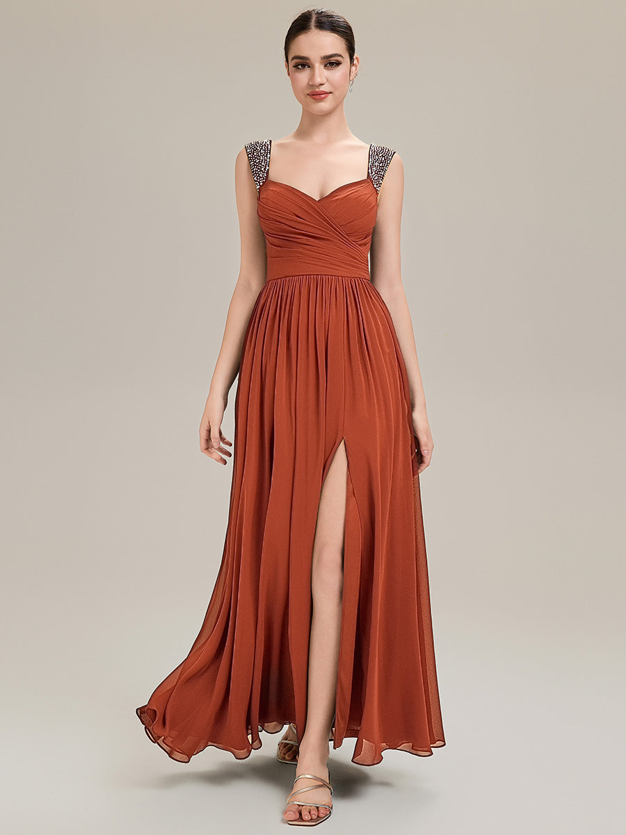Gathered Chiffon Sleeveless Evening Dress #color_Burnt Orange