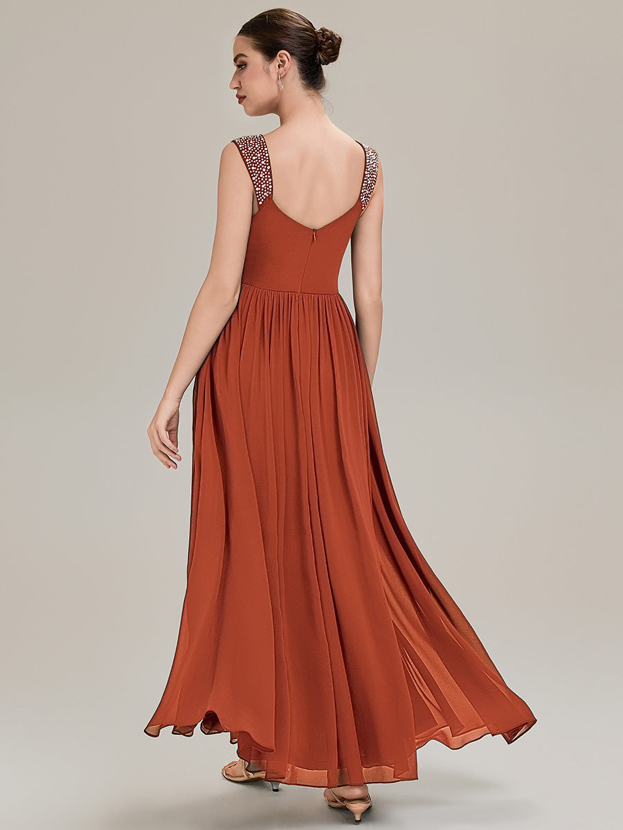 Gathered Chiffon Sleeveless Evening Dress #color_Burnt Orange