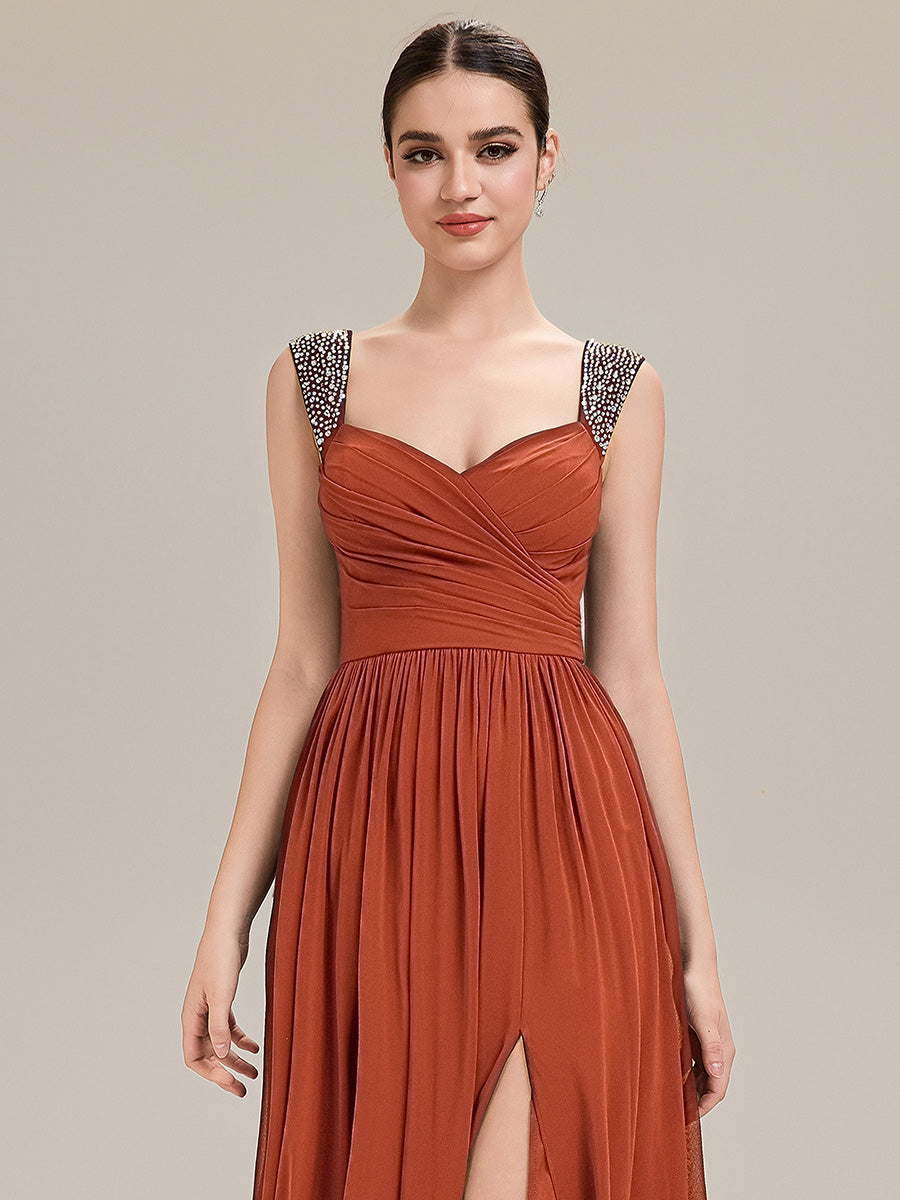 Gathered Chiffon Sleeveless Evening Dress #color_Burnt Orange