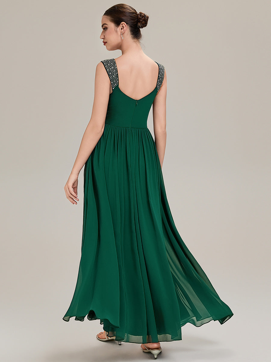Gathered Chiffon Sleeveless Evening Dress #color_Dark Green