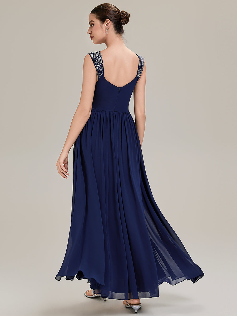Gathered Chiffon Sleeveless Evening Dress #color_Navy Blue