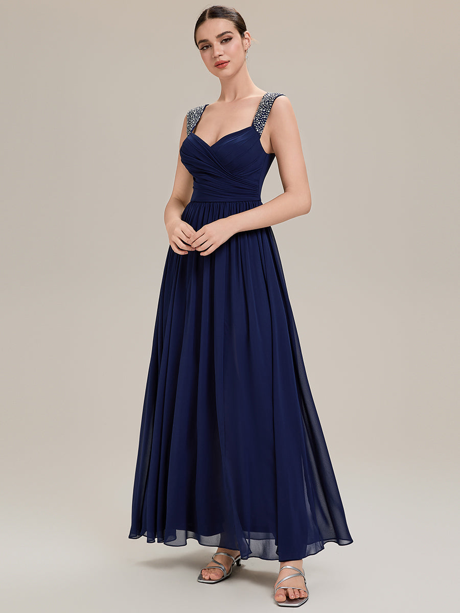 Gathered Chiffon Sleeveless Evening Dress #color_Navy Blue
