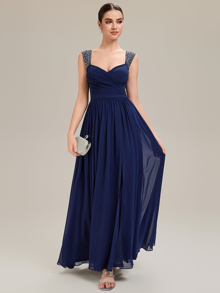 Gathered Chiffon Sleeveless Evening Dress #color_Navy Blue