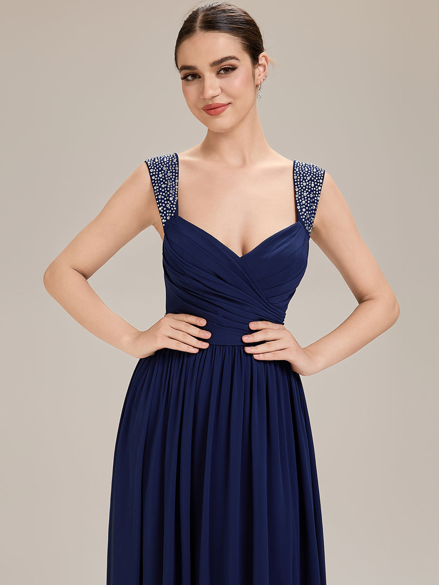 Gathered Chiffon Sleeveless Evening Dress #color_Navy Blue