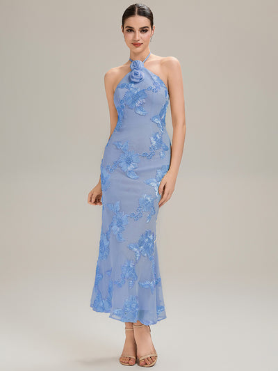 Floral Mesh Sleeveless Evening Dress #color_Ice Blue