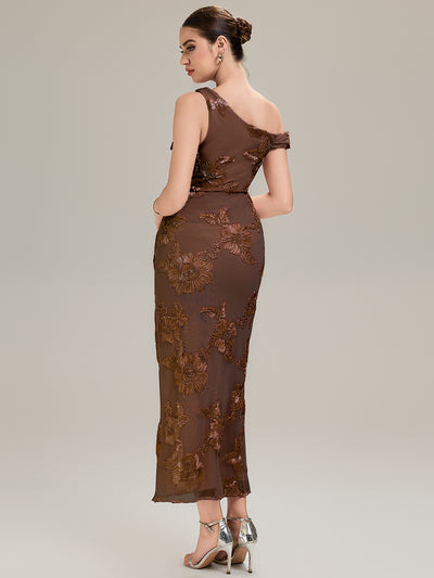 Embroidered Mesh Sleeveless Evening Dress #color_Brown
