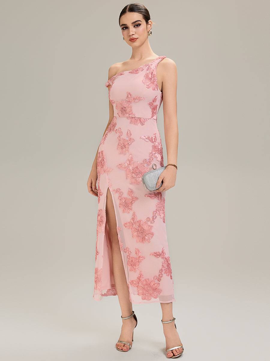 Embroidered Mesh Sleeveless Evening Dress #color_Pink