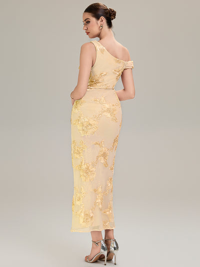 Embroidered Mesh Sleeveless Evening Dress #color_Yellow