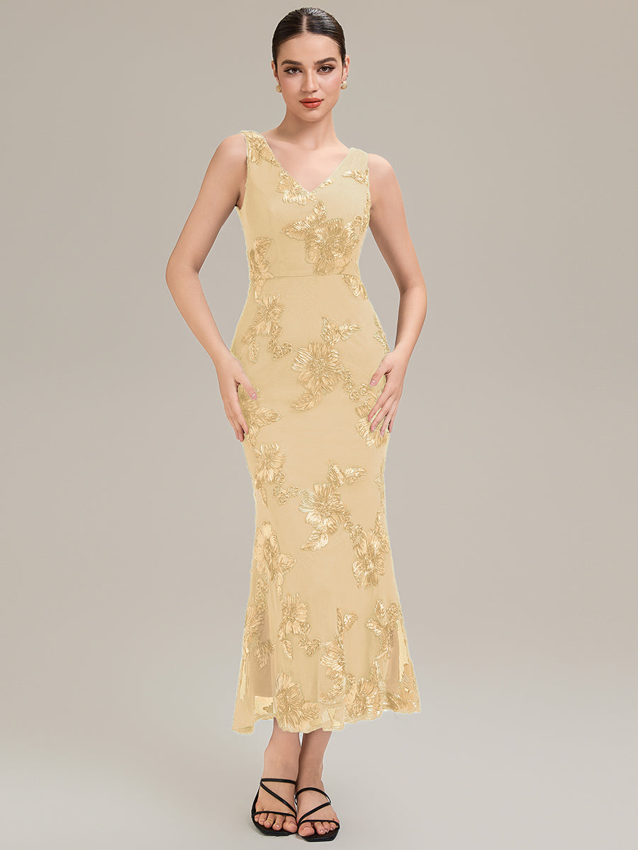 Deep V-Neck Embroidered Sleeveless Evening Dress #color_Yellow