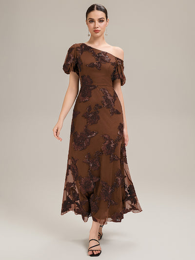 Mesh Embroidered Mermaid Evening Dress #color_Brown