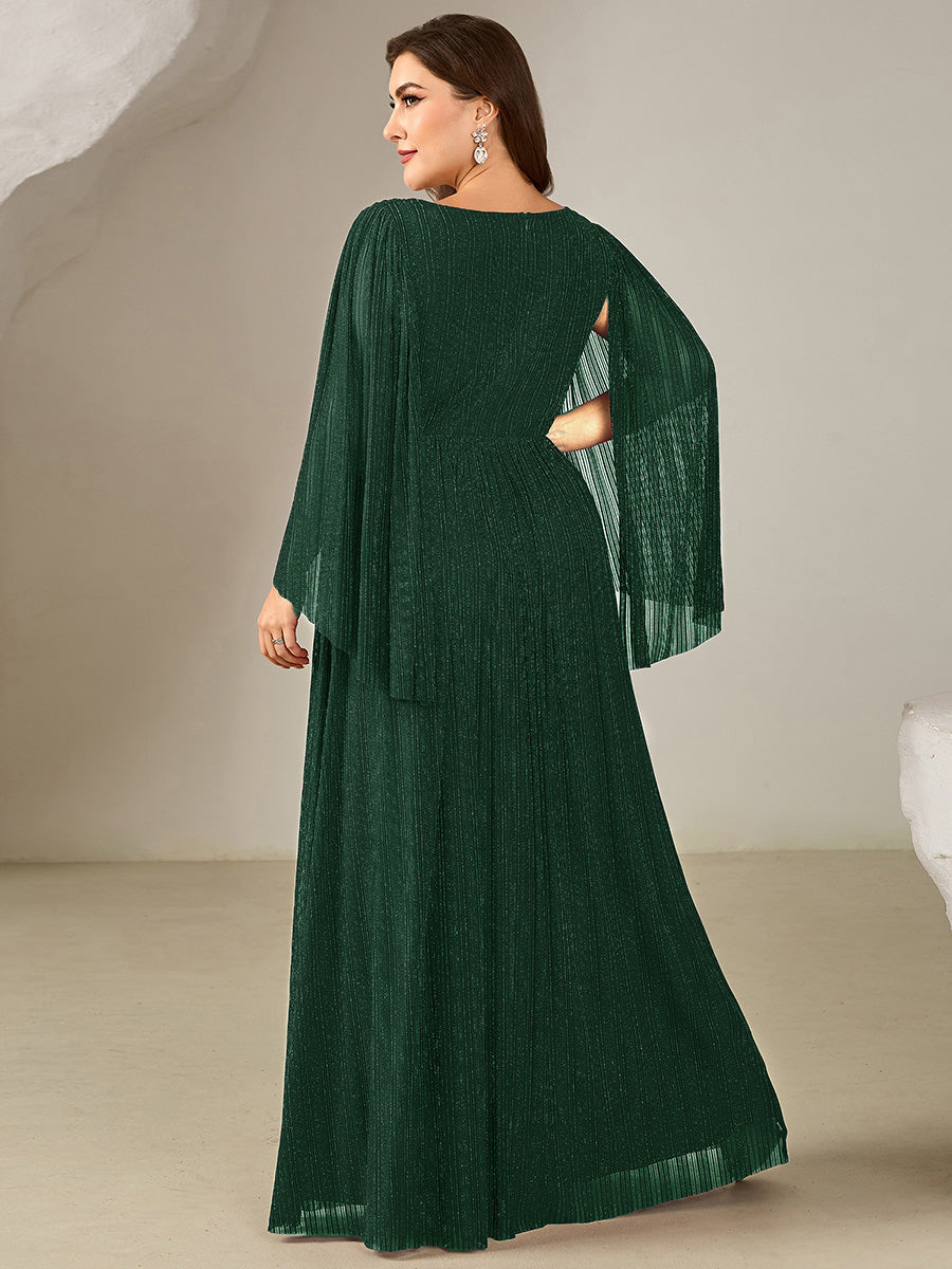 Deep V-Neck Mesh Batwing Sleeve Evening Dress #color_Dark Green