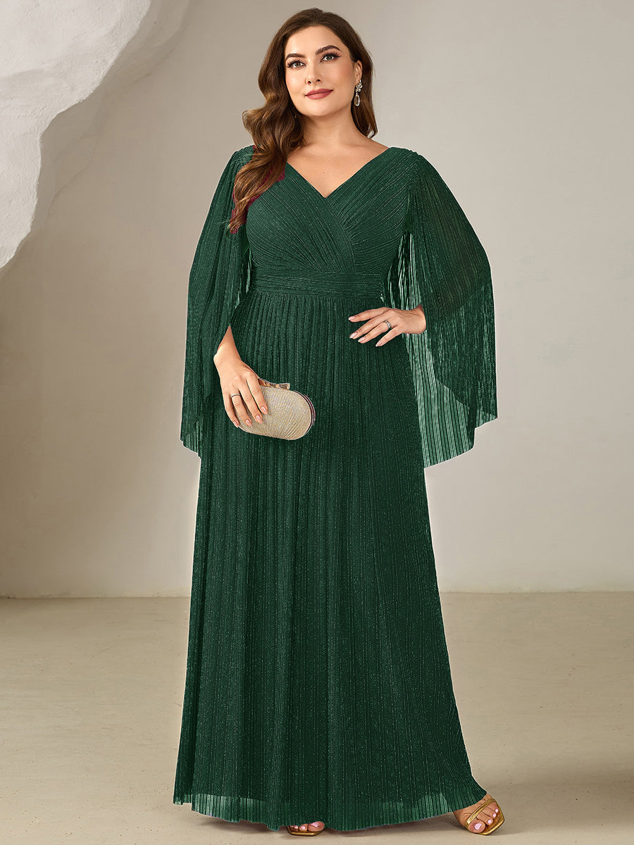 Plus Size Glittery Empire Waist Batwing Sleeve Evening Dress #color_Dark Green