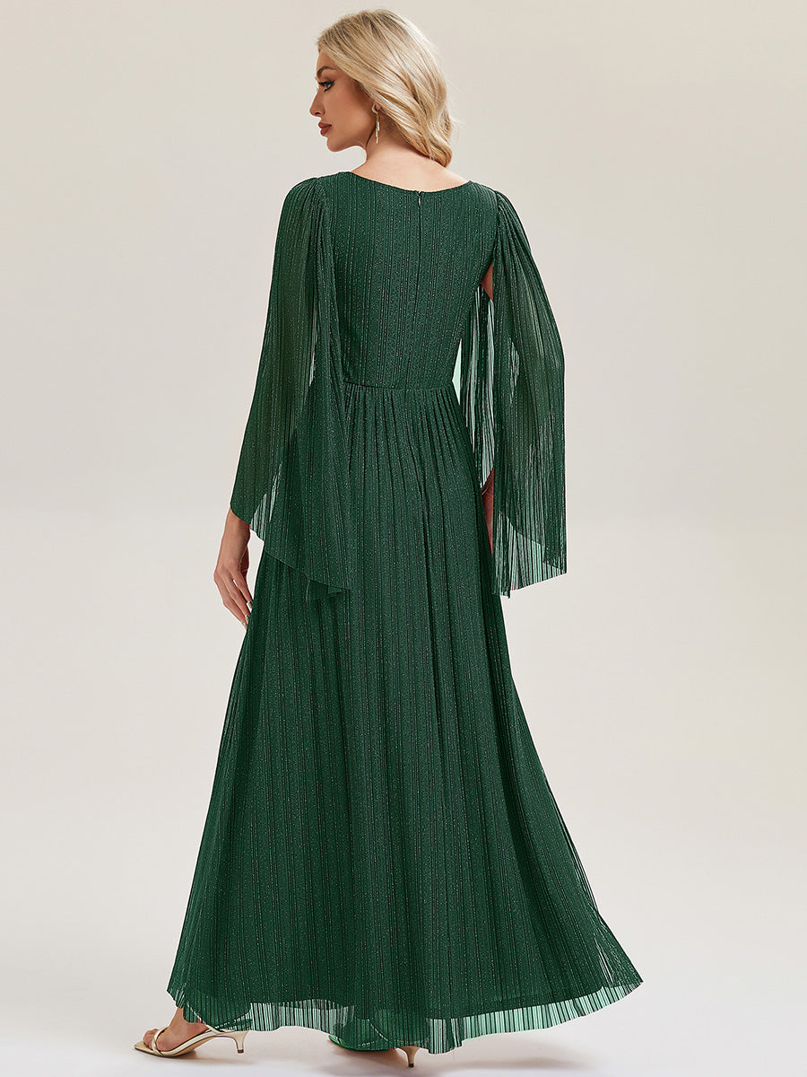 Deep V-Neck Mesh Batwing Sleeve Evening Dress #color_Dark Green