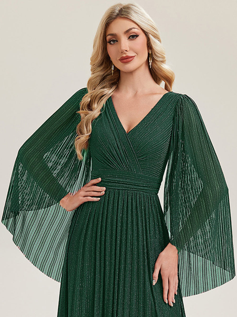 Deep V-Neck Mesh Batwing Sleeve Evening Dress #color_Dark Green