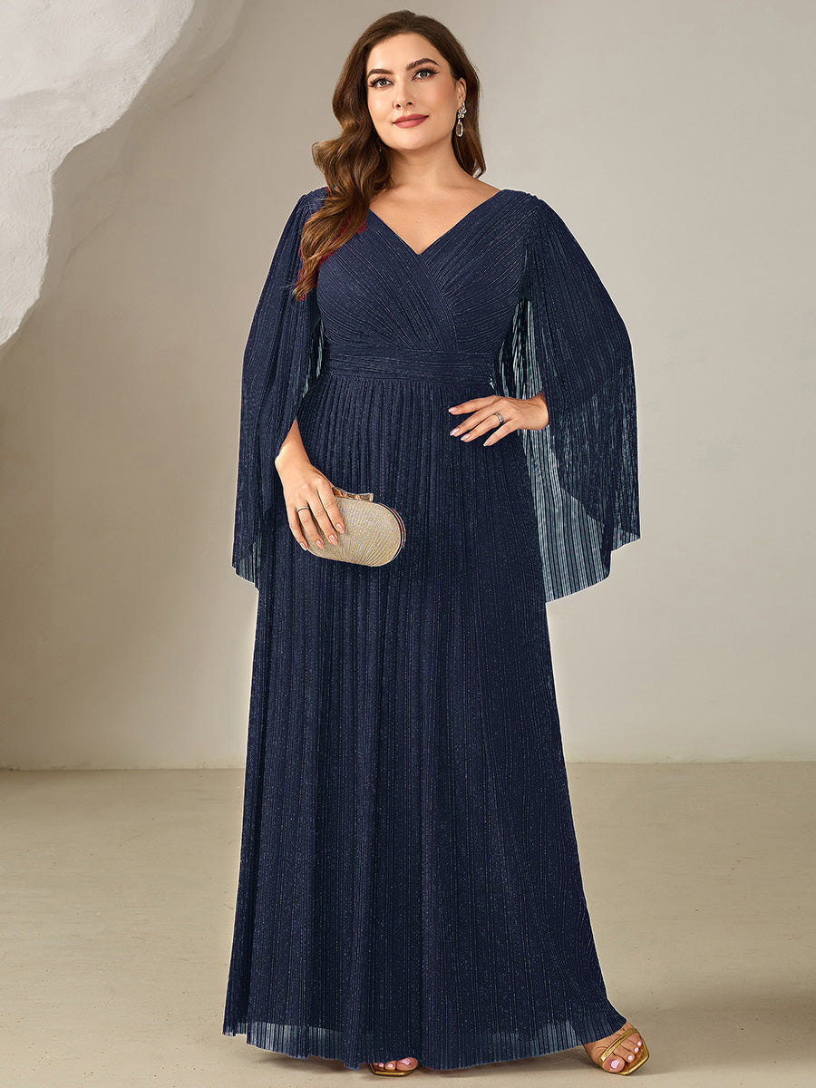 Deep V-Neck Mesh Batwing Sleeve Evening Dress #color_Navy Blue