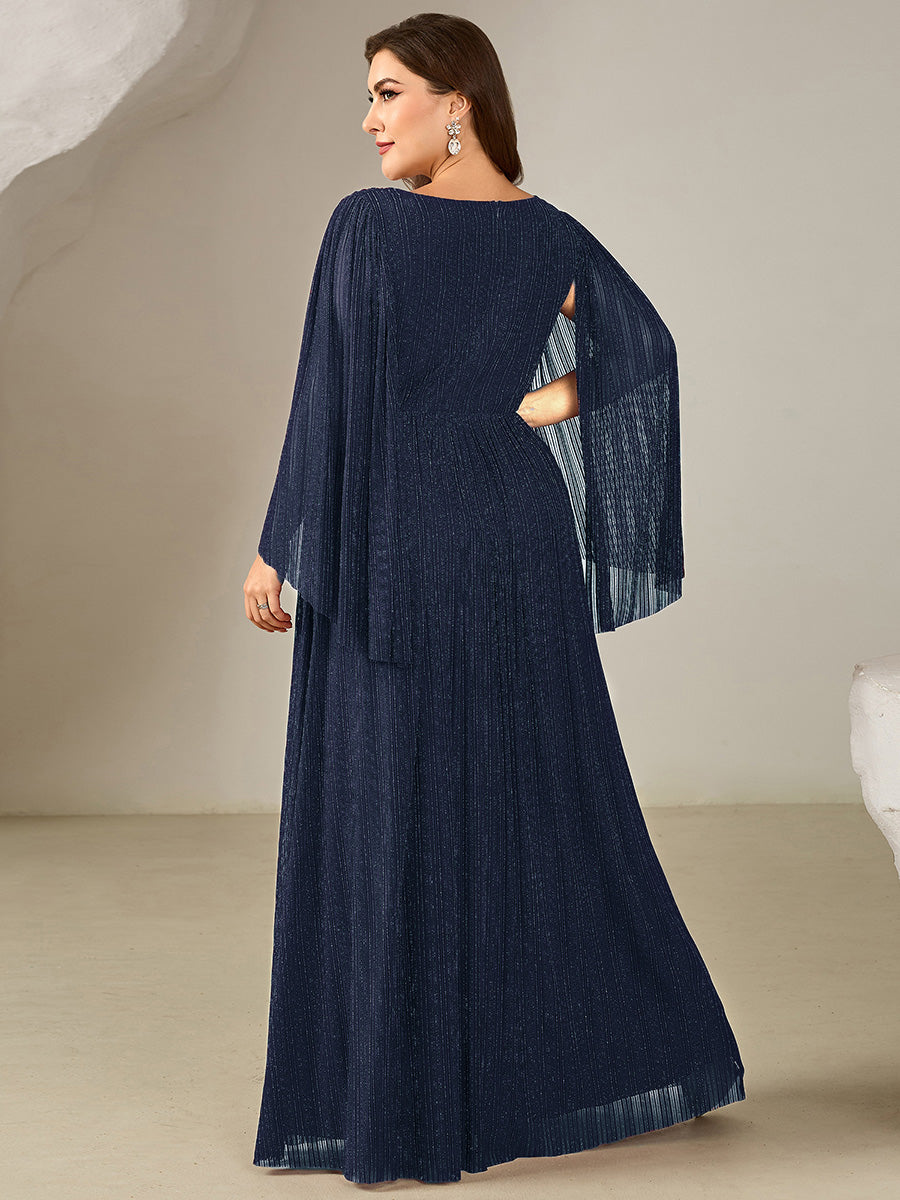 Deep V-Neck Mesh Batwing Sleeve Evening Dress #color_Navy Blue
