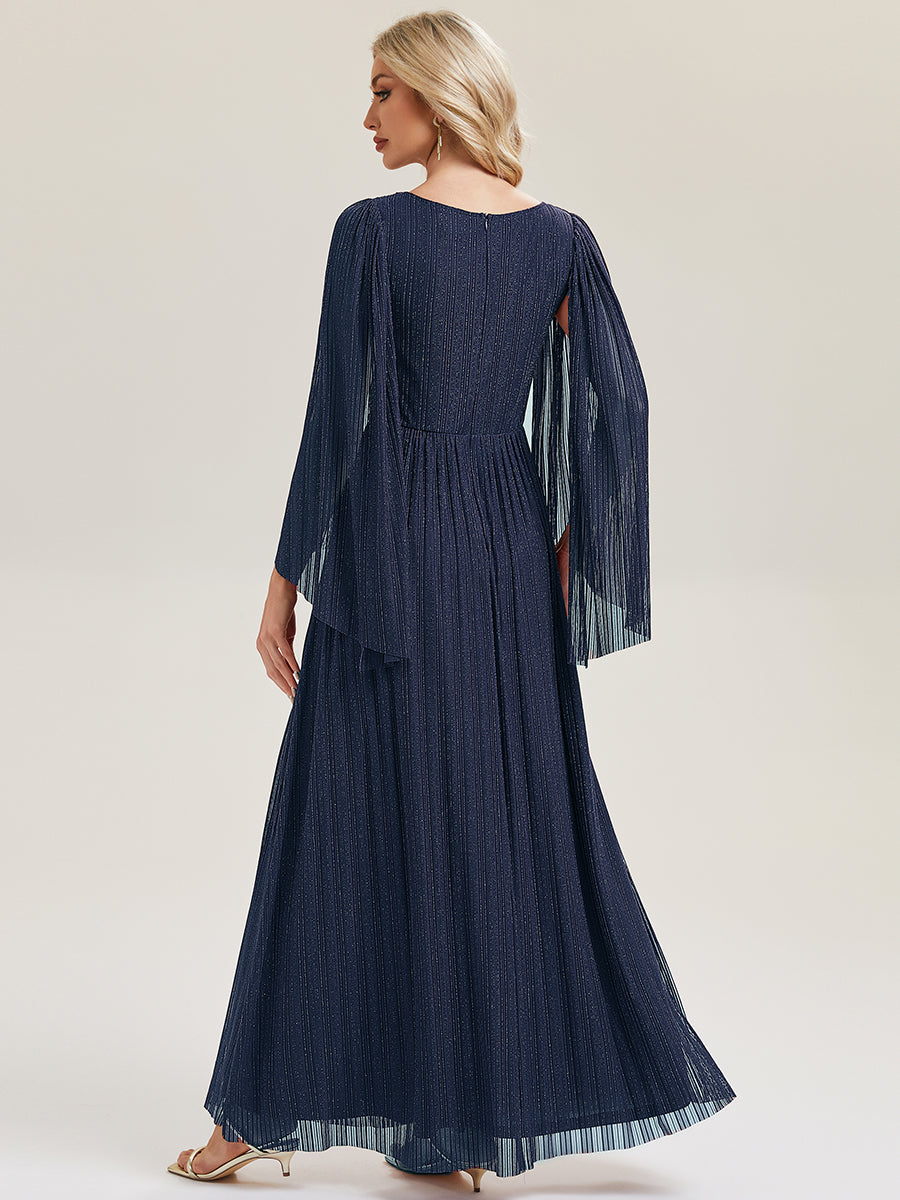 Deep V-Neck Mesh Batwing Sleeve Evening Dress #color_Navy Blue
