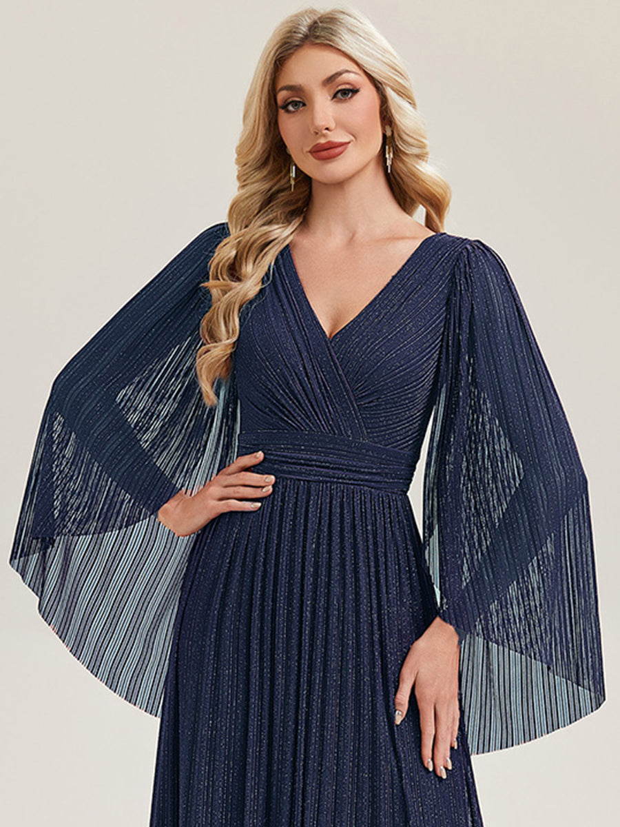 Deep V-Neck Mesh Batwing Sleeve Evening Dress #color_Navy Blue