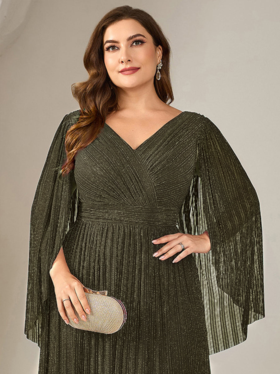 Plus Size Glittery Empire Waist Batwing Sleeve Mother of the Bride Dress #color_Olive Green