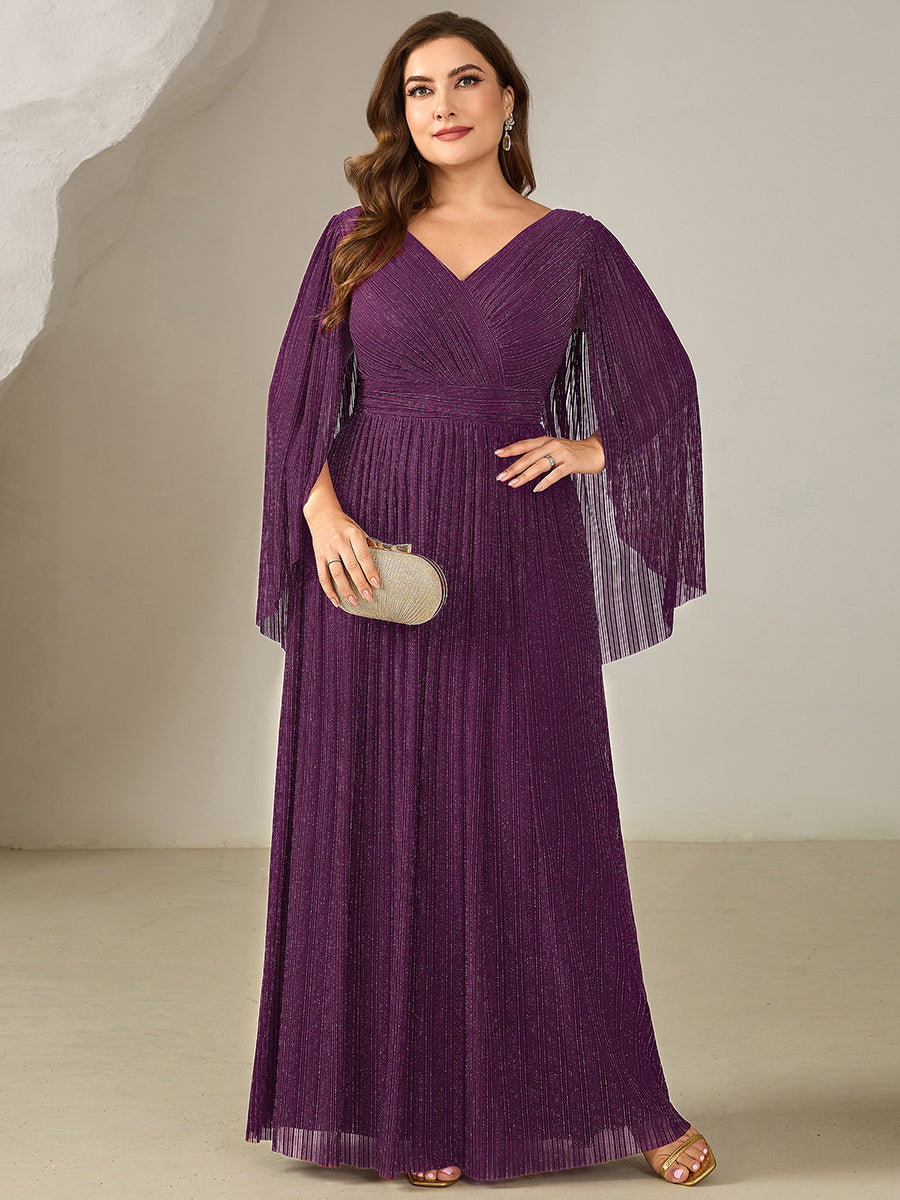 Plus Size Glittery Empire Waist Batwing Sleeve Evening Dress #color_Purple Wisteria