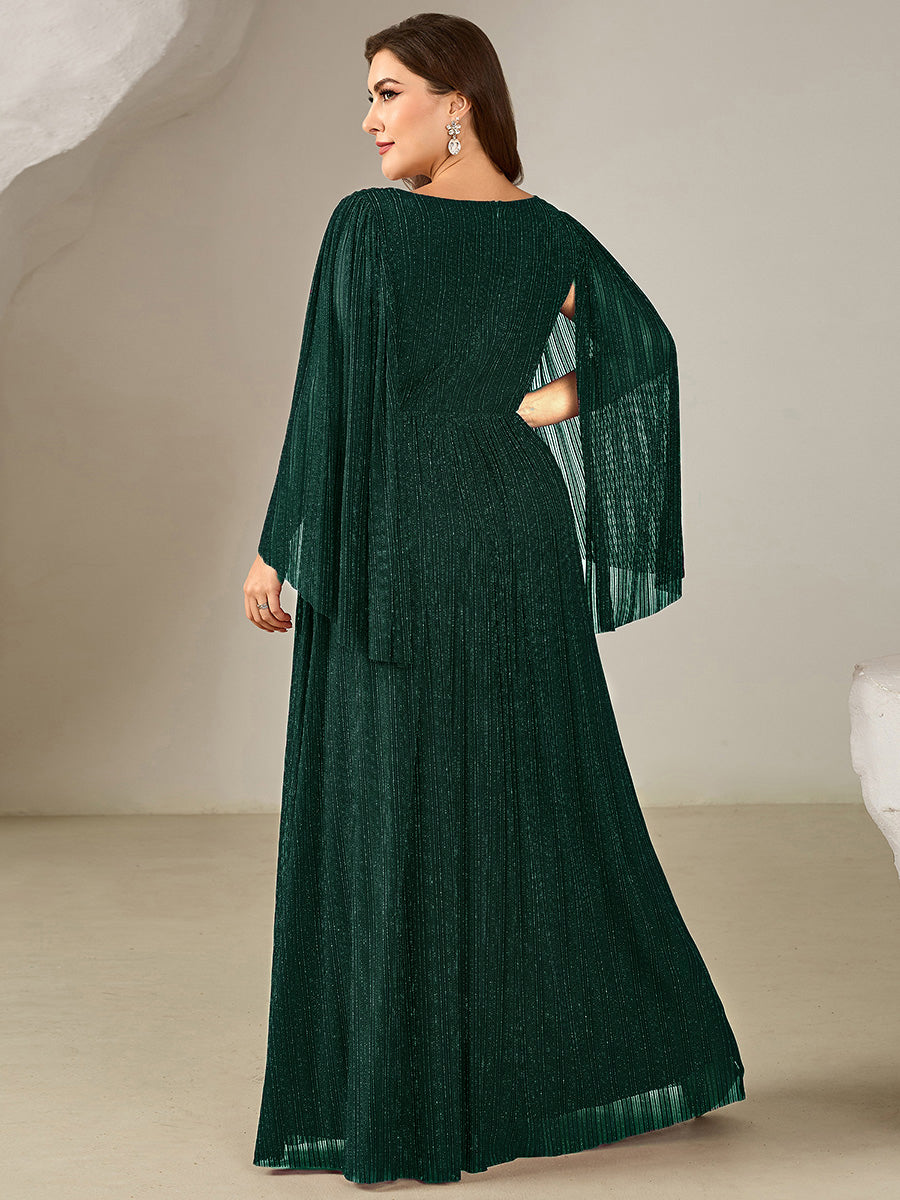 Plus Size Glittery Empire Waist Batwing Sleeve Evening Dress #color_Teal