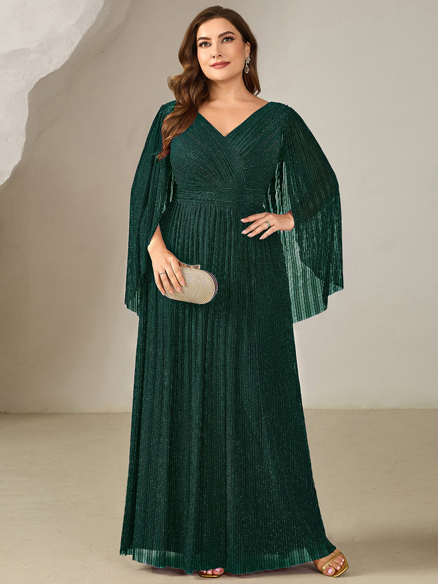 Plus Size Glittery Empire Waist Batwing Sleeve Evening Dress #color_Teal